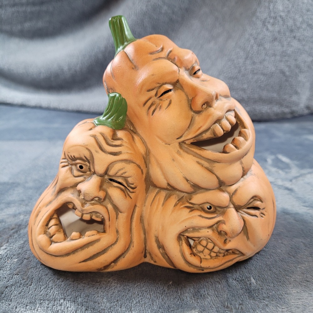 Vintage Halloween Ceramic Stacked Ugly Face Pumpkins Tea Light Holder Decor